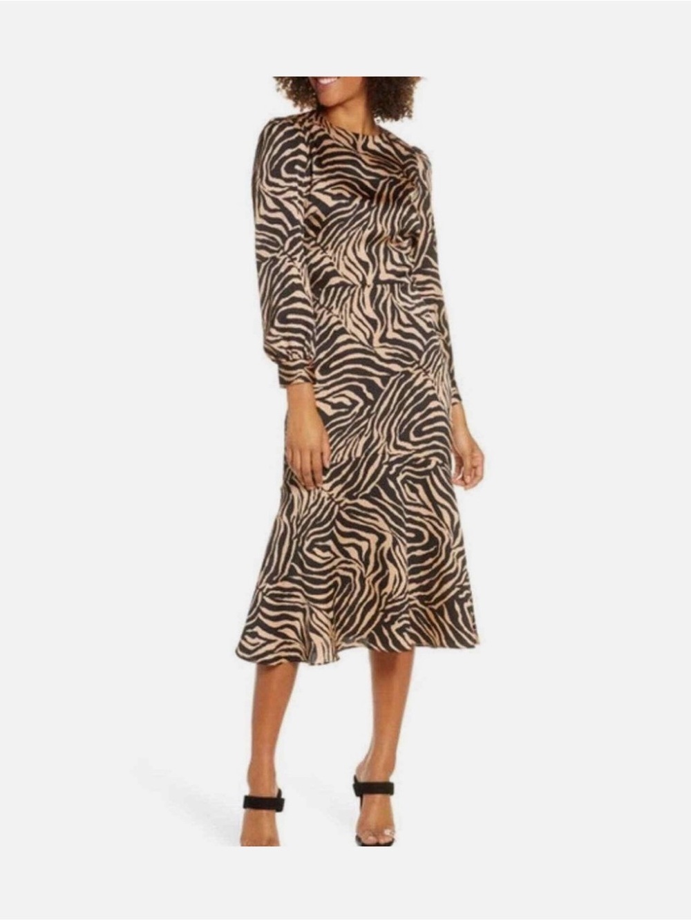 Animal Print Midi Dress in Beige and Black - Classic Long Sleeve
